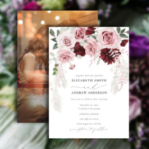 Burgundy Blush Pink Roses Floral Photo Wedding Invitation