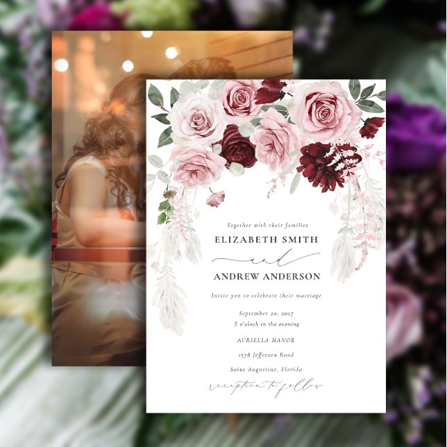 Burgundy Blush Pink Roses Floral Photo Wedding Invitation (Creator Uploaded)