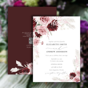 Burgundy Blush Pink Roses Floral QR Code Wedding Invitation