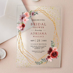 Burgundy Blush Pink Roses Geometric Bridal Shower  Acrylic Invitations