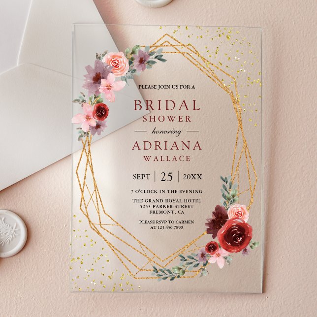 Burgundy Blush Pink Roses Geometric Bridal Shower  Acrylic Invitations (Creator Uploaded)