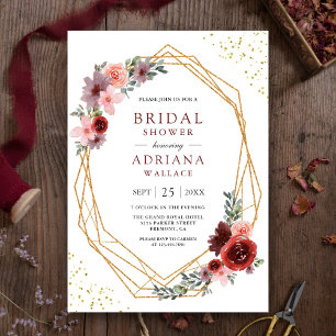 Burgundy Blush Pink Roses Geometric Bridal Shower Invitation