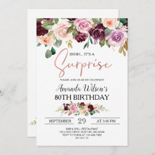 Burgundy Blush Pink Script Surprise Birthday Party Invitation