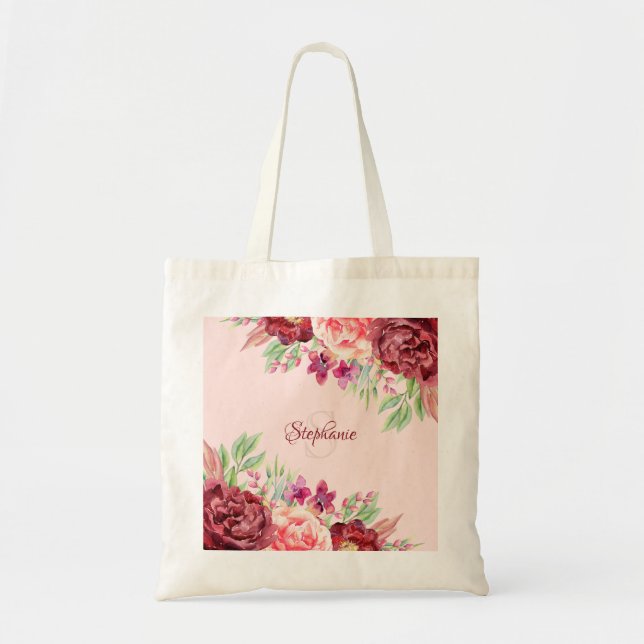 Burgundy Blush PInk Watercolor Floral Monogram Tote Bag (Front)