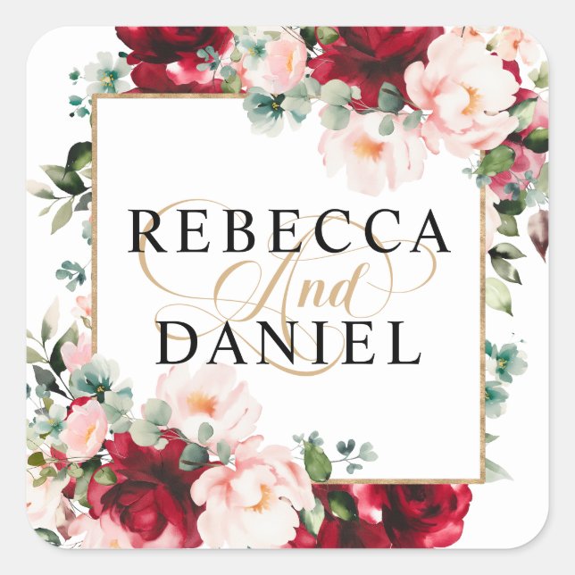 Burgundy & Blush Pink Watercolor Floral Wedding Square Sticker (Front)