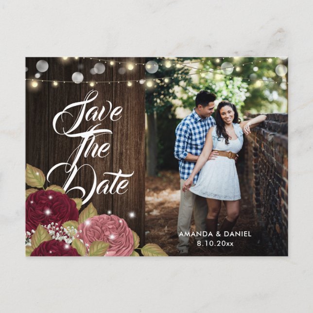 Burgundy Blush Pink Wedding Photo Save The Date Announcement Postcard (Front)