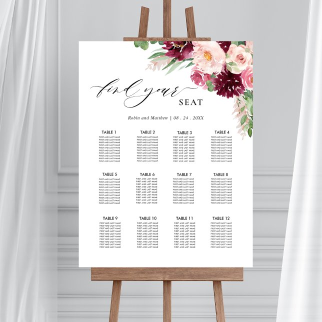 Burgundy Blush Pink Wedding Seating Chart Sign (Creator Uploaded)
