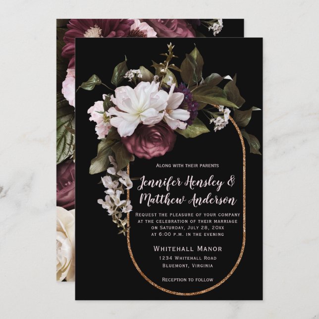 Burgundy, Blush Pink, White Floral Bouquet Wedding Invitation (Front/Back)