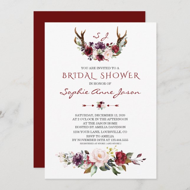 Burgundy Blush Plum Floral Antlers Bridal Shower Invitation (Front/Back)