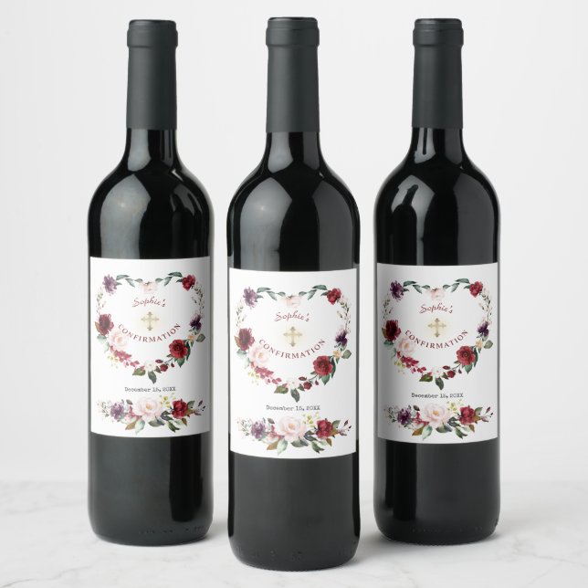 Burgundy Blush Plum Floral Girl Confirmation Wine Label (Bottles)