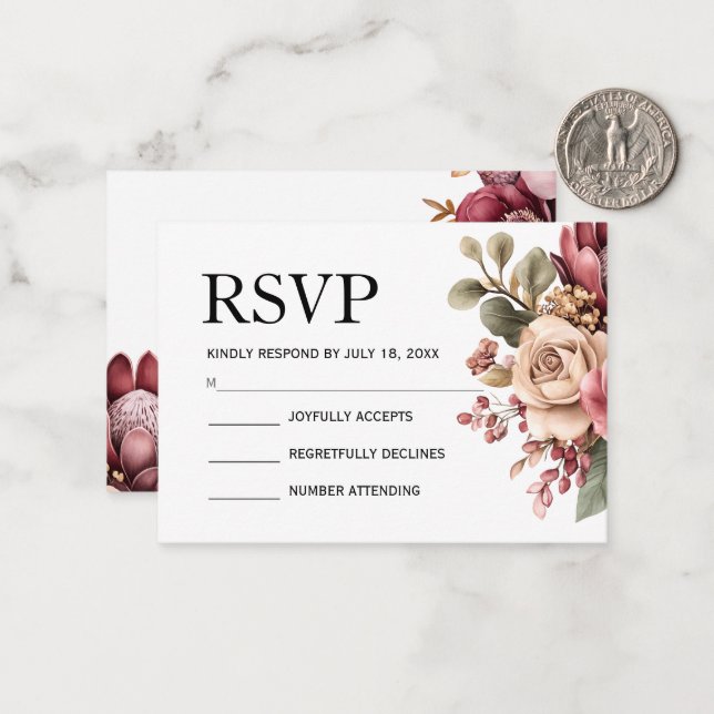 Burgundy Blush Protea Floral Wedding Invitation |  (Front/Back In Situ)