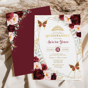 Burgundy Blush Quinceañera Butterflies Geometric Invitation