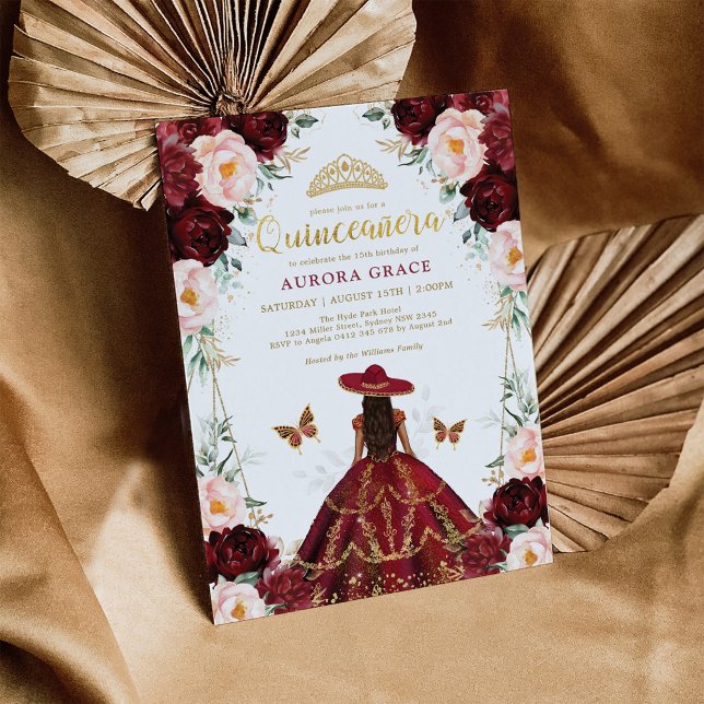 Burgundy Blush Quinceañera Charro Dress Mis Quince Invitation (Creator Uploaded)