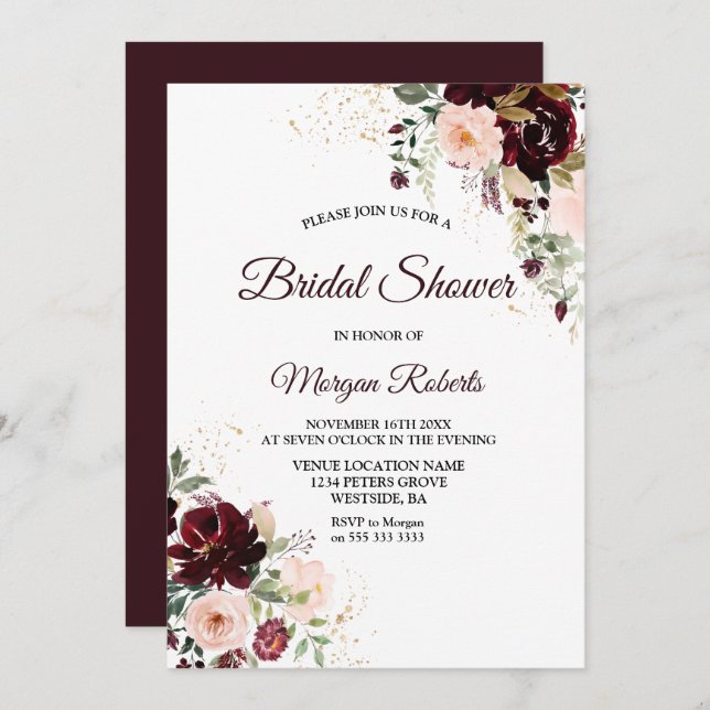 Burgundy Blush Red Wine Floral Bridal Shower Invitation (Front/Back)