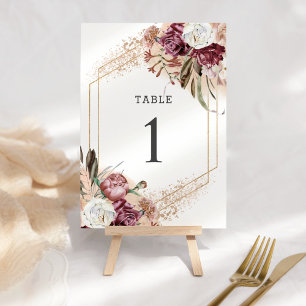 Burgundy, Blush & Rose Gold Elegant Boho Table Number