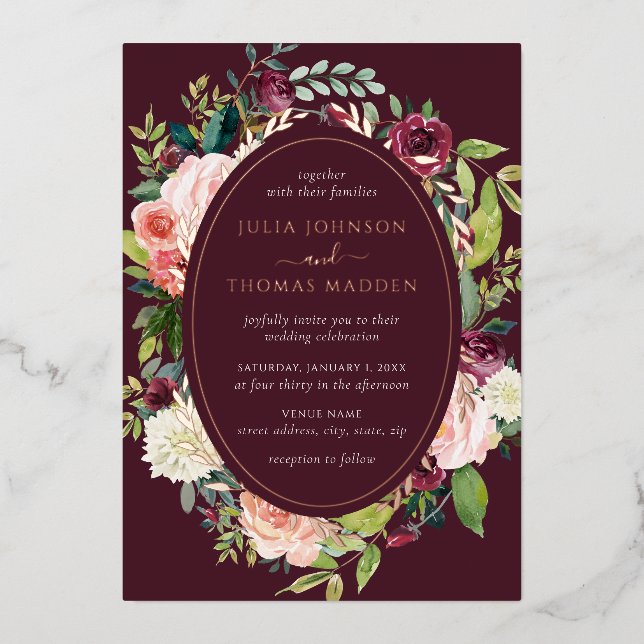 Burgundy Blush  Rose Gold Floral Foliage Wedding (Front)