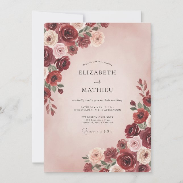 Burgundy Blush Rose Wedding Invitation (Front)