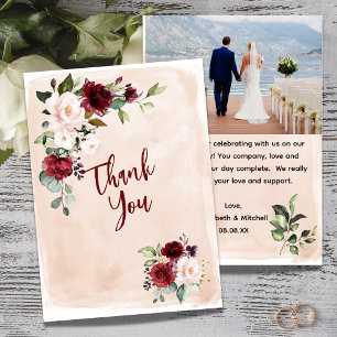 Burgundy Blush Rose Wedding Photo Thank You Card
