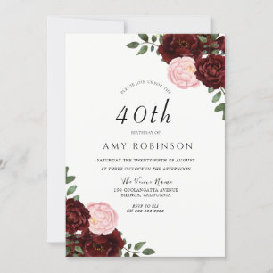Burgundy Blush Roses 40th Birthday Party Invitation
