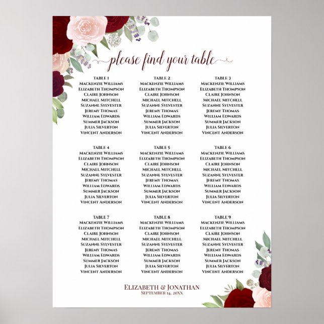 Burgundy Blush Roses 9 Table Wedding Seating Chart (Front)