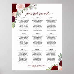 Burgundy Blush Roses 9 Table Wedding Seating Chart