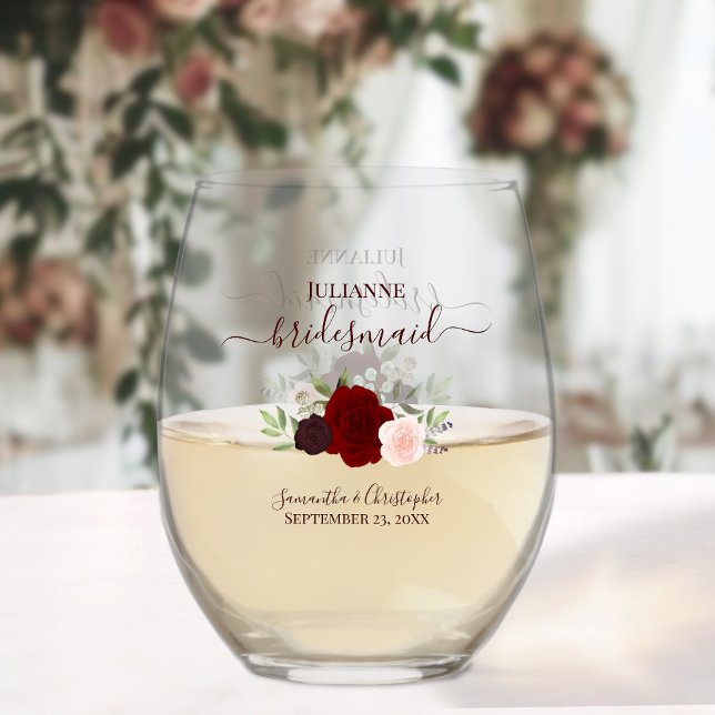 Burgundy Blush Roses Bridesmaid Maid of Honour Gif Stemless Wine Glass (Creator Uploaded)