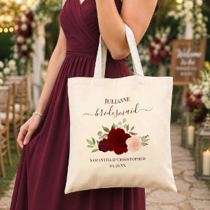 Burgundy & Blush Roses Bridesmaid Wedding Favour Tote Bag