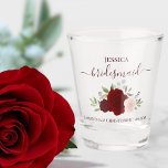 Burgundy Blush Roses Elegant Bridesmaid Wedding Shot Glass<br><div class="desc">These beautiful shot glasses are a fun and thoughtful way to thank your wedding bridesmaids. They feature a beautiful boho chic design with elegant script lettering and a cluster of hand painted watercolor roses in shades of burgundy, red, and blush pink, along with eucalyptus leaves and garden greenery. The caption...</div>
