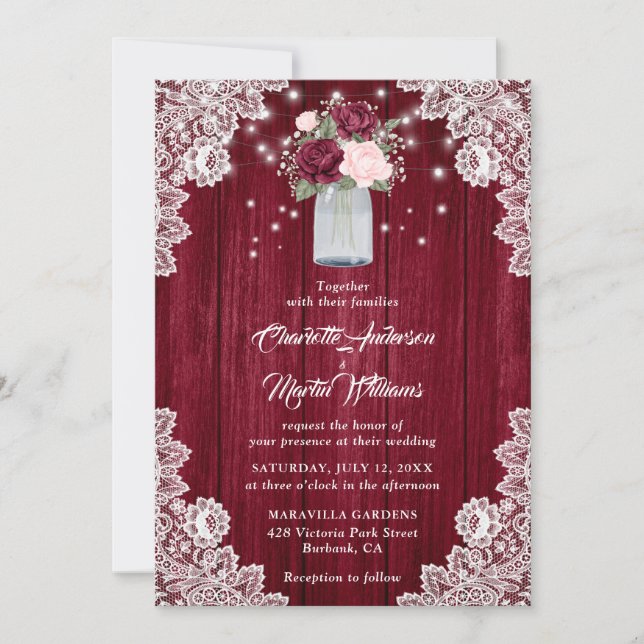 Burgundy Blush Roses Mason Jar Rustic Wedding Invitation (Front)