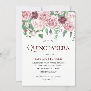 Burgundy & Blush Roses Quinceanera Party Invite