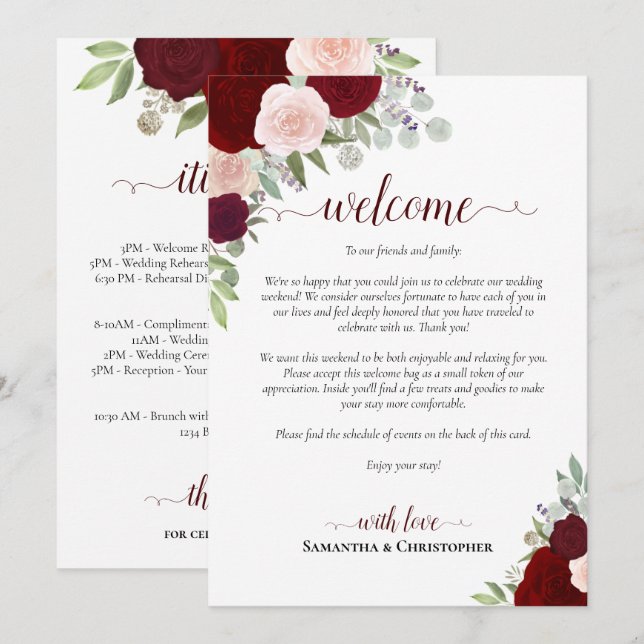 Burgundy Blush Roses Wedding Welcome & Itinerary Program (Front/Back)