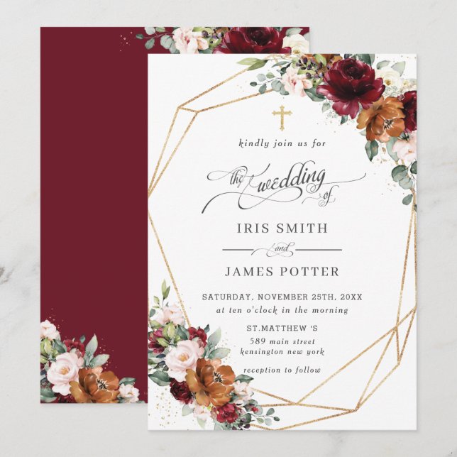 Burgundy Blush Rust Orange Floral Church Wedding   Invitation (Front/Back)