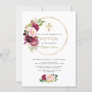 Burgundy Blush Saffron Floral Gold Cross Baptism Invitation