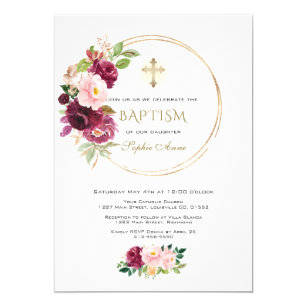 Burgundy Blush Saffron Floral Gold Cross Baptism Invitation