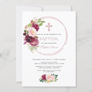 Burgundy Blush Saffron Floral Rose Gold Baptism Invitation