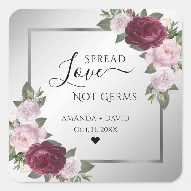 Burgundy Blush Silver Floral Spread Love Square Sticker (Front)