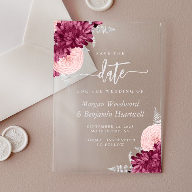 Burgundy Blush Silver Floral Wedding Save the Date Acrylic Invitations (Creator Uploaded)