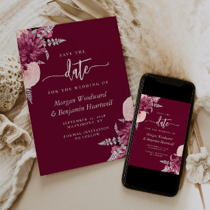 Burgundy Blush Silver Floral Wedding Save the Date Invitation