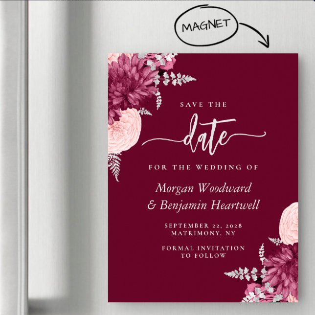 Burgundy Blush Silver Floral Wedding Save the Date Magnetic Invitation (Creator Uploaded)