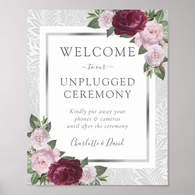 Burgundy Blush Silver Unplugged Wedding Sign (Front)