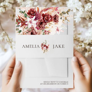 Burgundy Blush Terracotta Boho Floral Wedding Invitation Belly Band