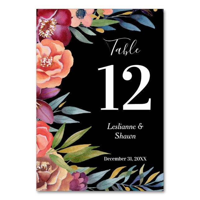 Burgundy Blush Tropical Floral Modern Table Number (Front)