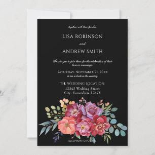 Burgundy Blush Tropical Floral Wedding- Black V2 Invitation