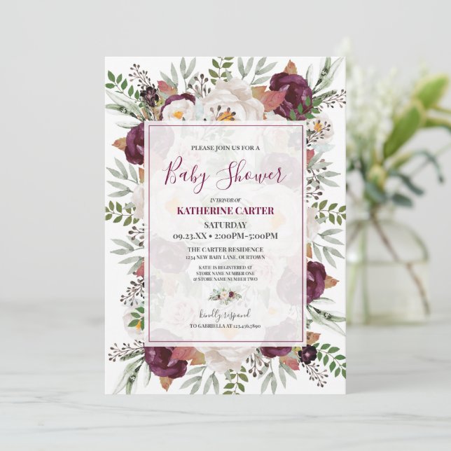 Burgundy Blush Watercolor Baby Shower Invitation (Standing Front)