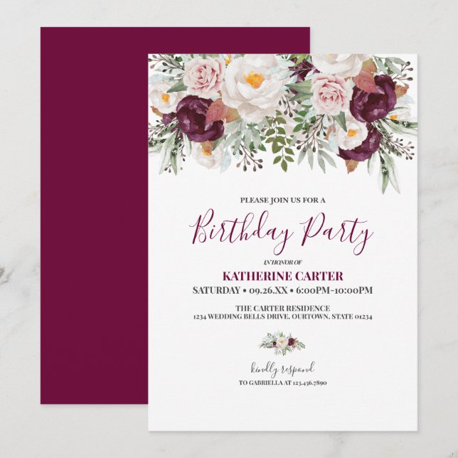 Burgundy Blush Watercolor Birthday Party Invitation (Front/Back)