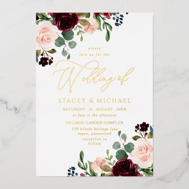 Burgundy & Blush Watercolor Elegant Wedding Gold (Front)