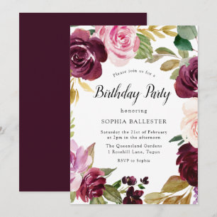 Burgundy Blush Watercolor Floral Birthday Party Invitation