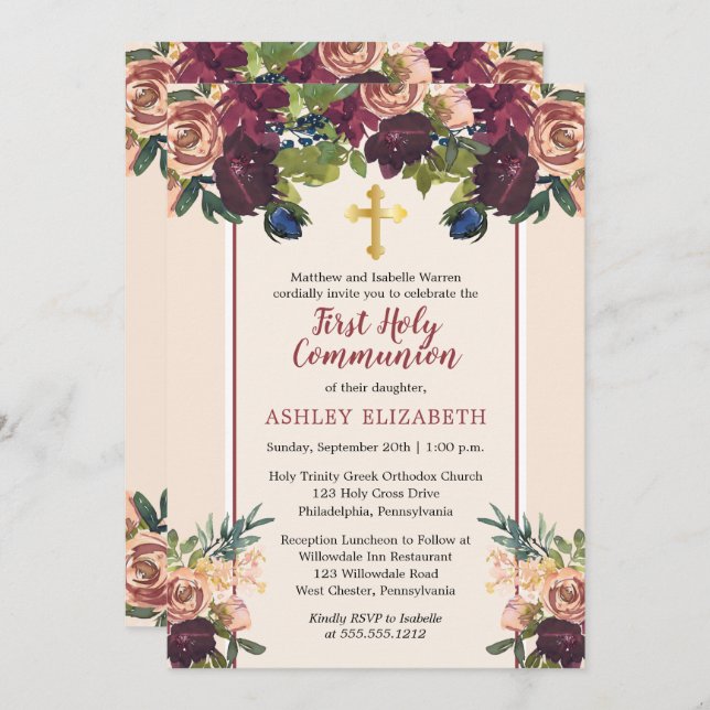 Burgundy | Blush Watercolor Floral Communion Invitation (Front/Back)