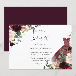 Burgundy & Blush Watercolor Floral Dress Sweet 16 Invitation