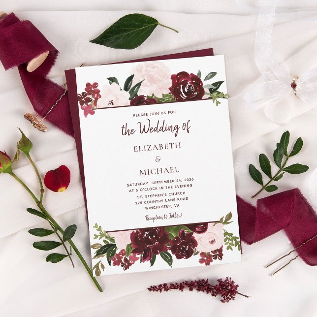 Burgundy Blush Watercolor Floral Fall Wedding Invitation (Creator Uploaded)